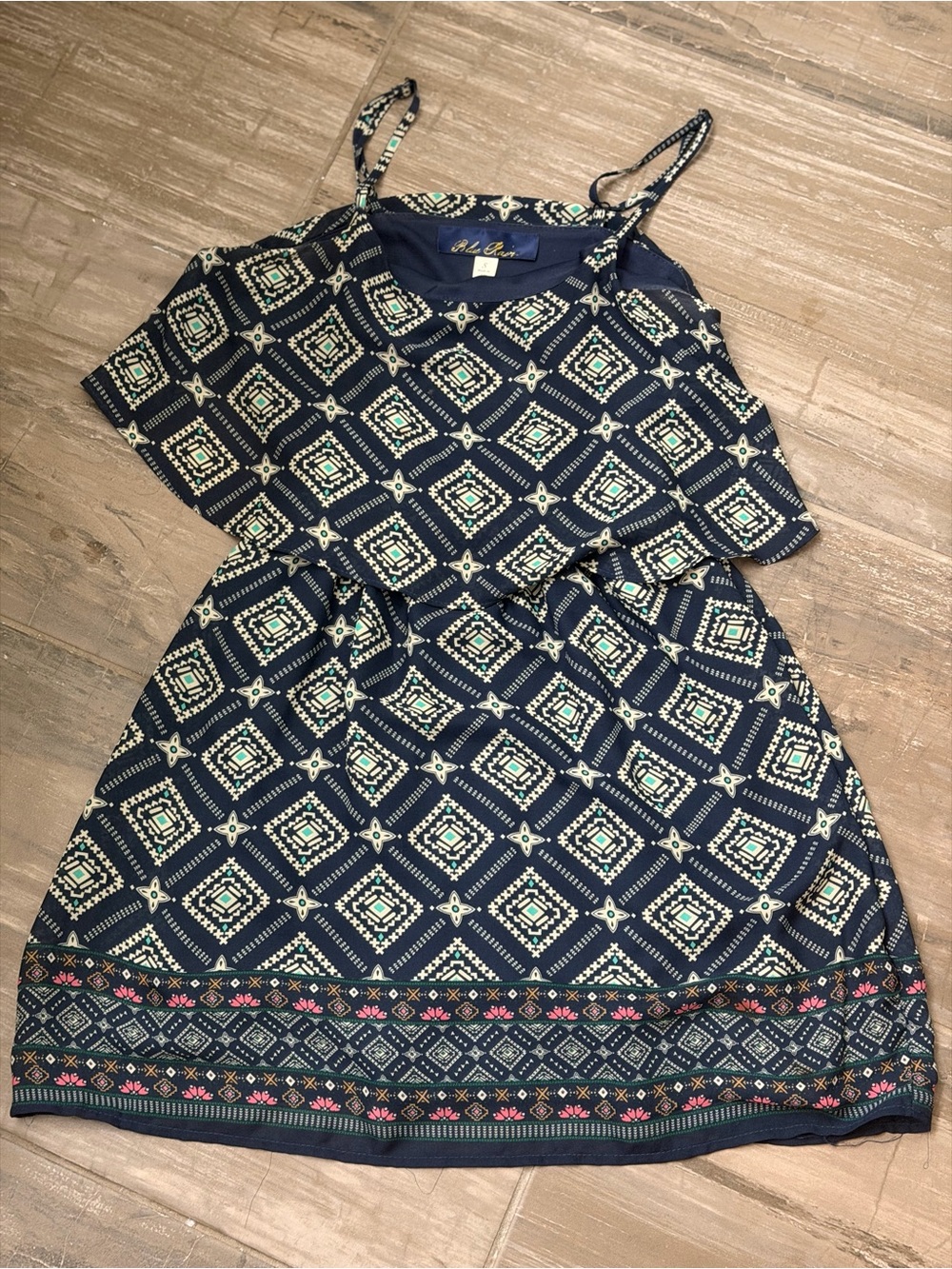 Francesca's Blue Rain Small Navy Geometric Dress with Border Print